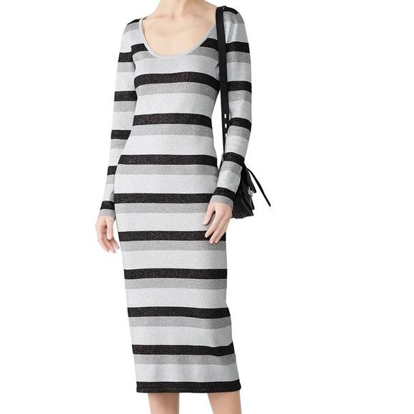 Stylestalker Avalon Knit Midi Dress Size XL Black Gray Stripe Bodycon - Picture 2 of 8